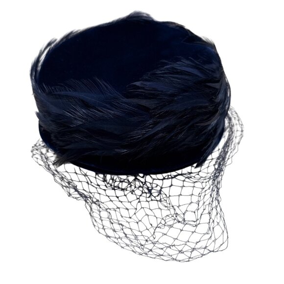 Vintage 50s 60s Navy Velvet Feather Pillbox Hat w/ Veil 22.5" Circ Retro Formal - Picture 5 of 8